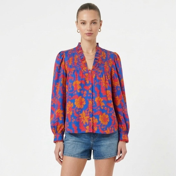 Alden Adair Tops - Alden Adair Oliver Top L Blue Red Floral Pleated Puff Sleeve Boho Blouse